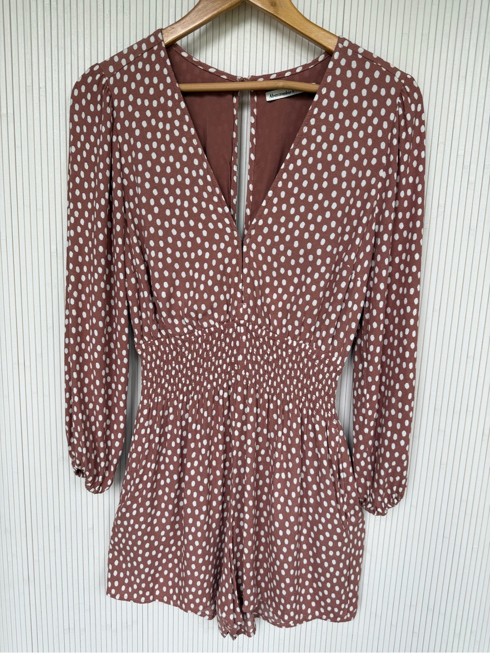 Abercrombie & Fitch Rust Dot Long-Sleeve Smocked Romper Medium